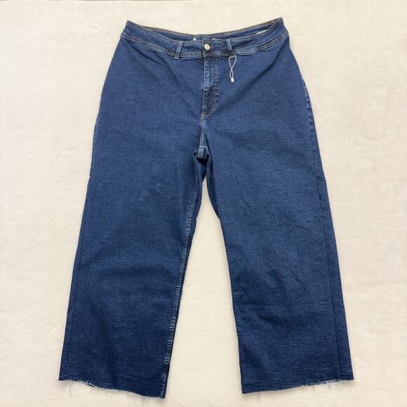 mango MNG Catherine Raw Hem High Waist Wide Leg Culotte Jeans Size 18 Dark Blue - Picture 2 of 15